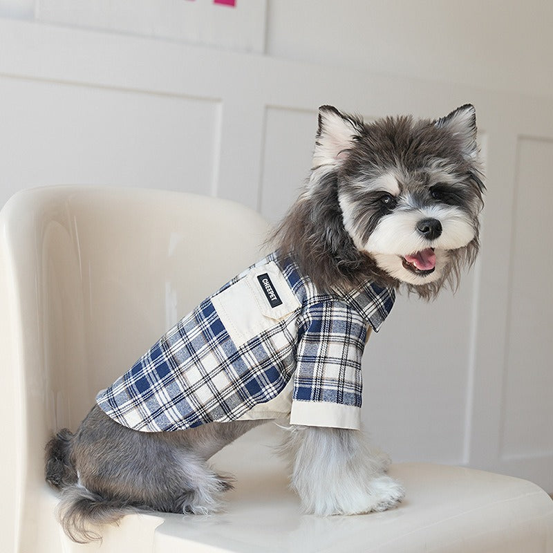 pet Fall Winter Plaid Shirt Color Match Lapel Anti-shedding Outerwear Schnauzer Bichon dog Walking