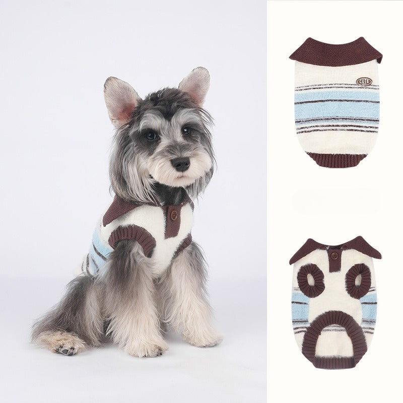 Fall Winter dog Striped Lapel Sweater Warm Teddy pet Clothes