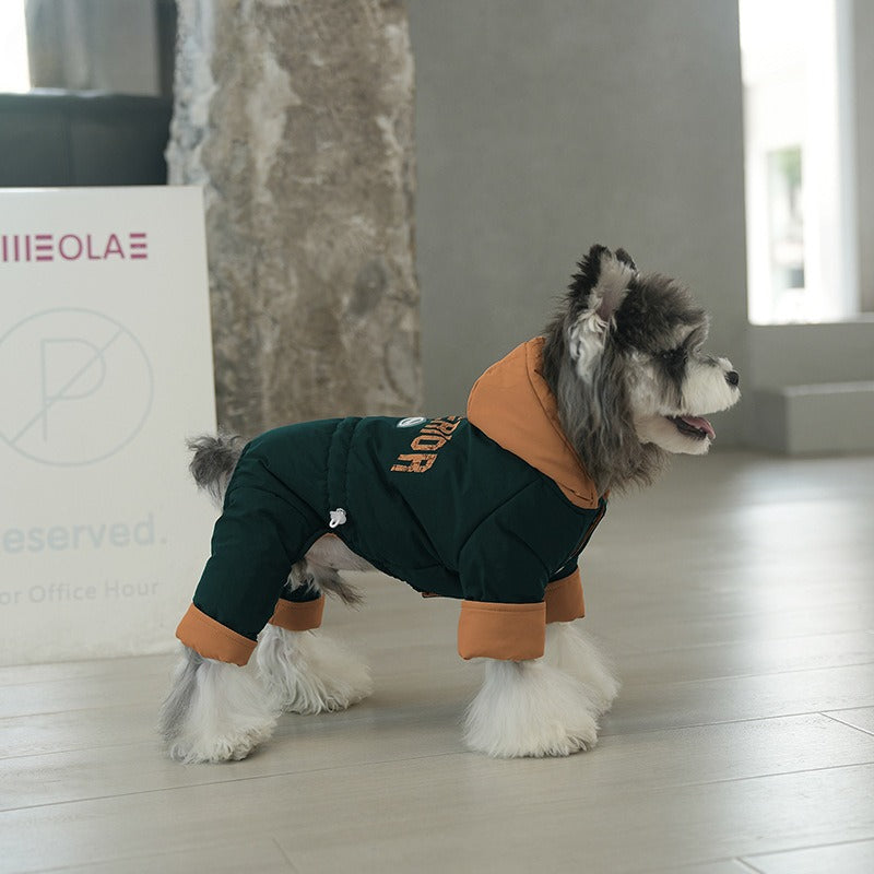 dog Clothes Fall Winter Color Match Hooded Windbreaker Teddy Schnauzer Warm Four Leg Cotton Jacket