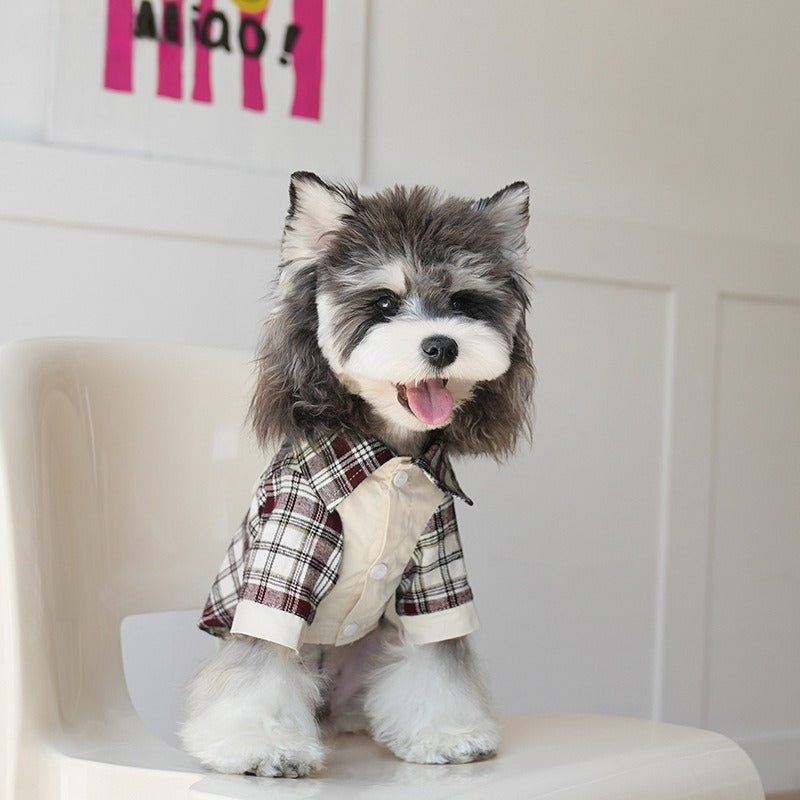 pet Fall Winter Plaid Shirt Color Match Lapel Anti-shedding Outerwear Schnauzer Bichon dog Walking