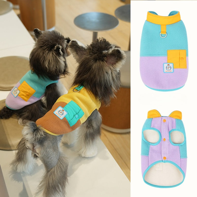 dog Fall Winter Warm Sherpa Color Block Leash-friendly Vest Teddy Bichon Outdoor Walking