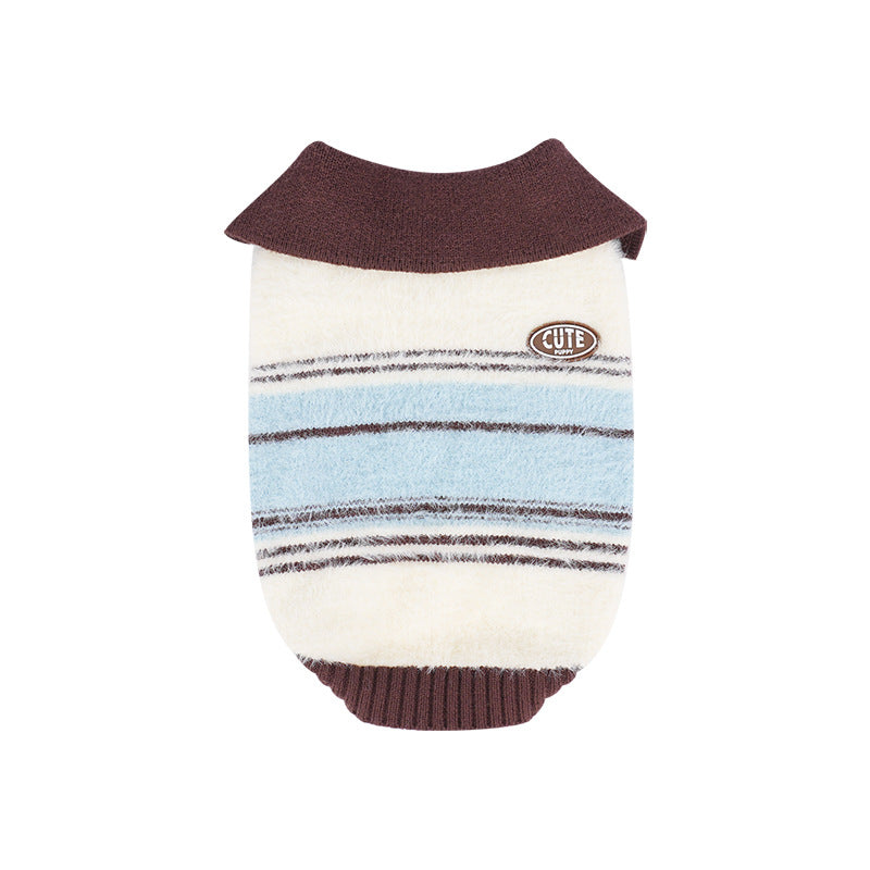 Fall Winter dog Striped Lapel Sweater Warm Teddy pet Clothes