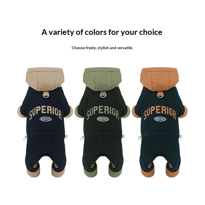dog Clothes Fall Winter Color Match Hooded Windbreaker Teddy Schnauzer Warm Four Leg Cotton Jacket