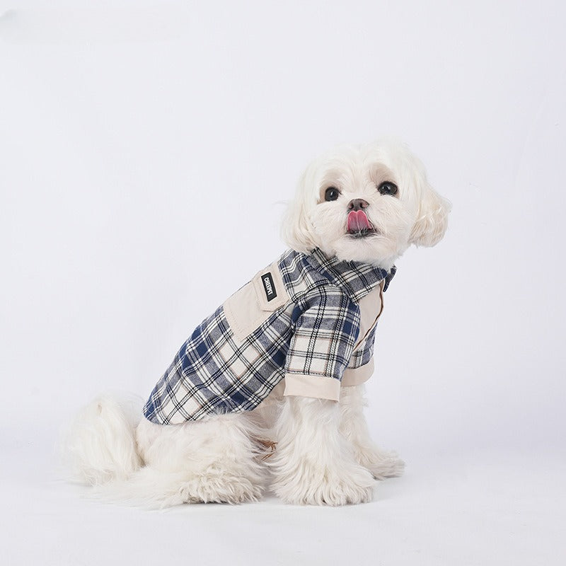 pet Fall Winter Plaid Shirt Color Match Lapel Anti-shedding Outerwear Schnauzer Bichon dog Walking