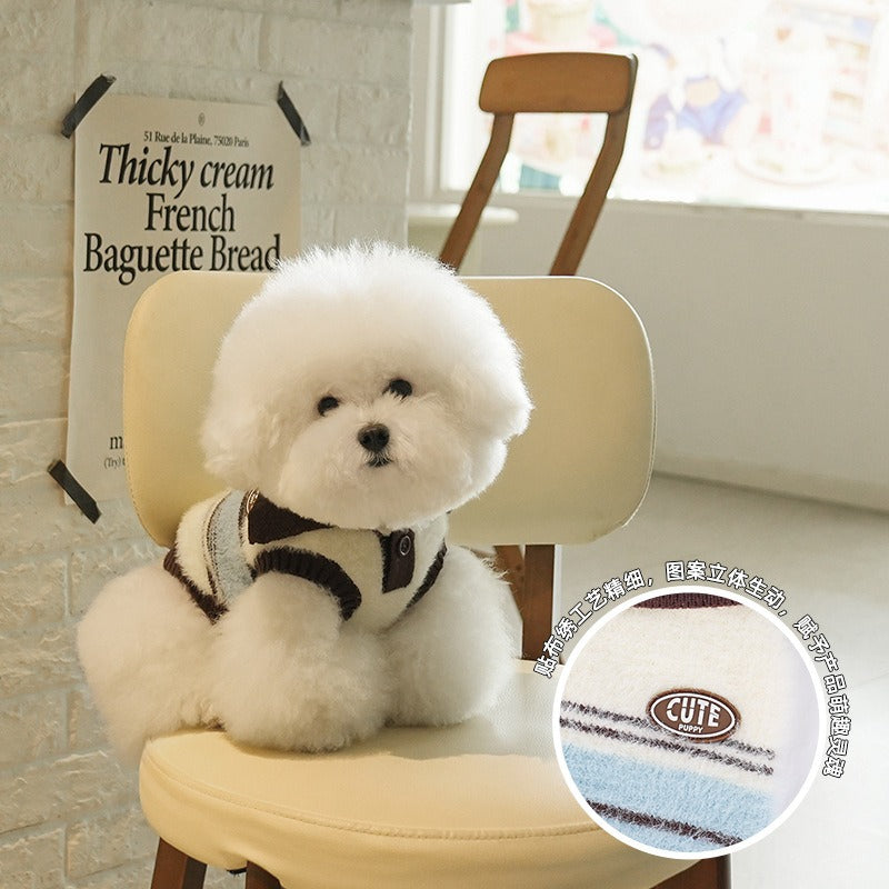 Fall Winter dog Striped Lapel Sweater Warm Teddy pet Clothes